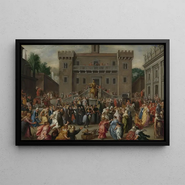 Les Femmes de Rome se rassemblant au Capitole - Pieter Isaacsz — framed artwork on a wall