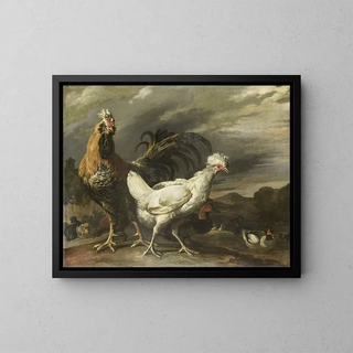 a rooster, a hen, and other poultry - Pieter Jansz van Ruyven — framed artwork on a wall