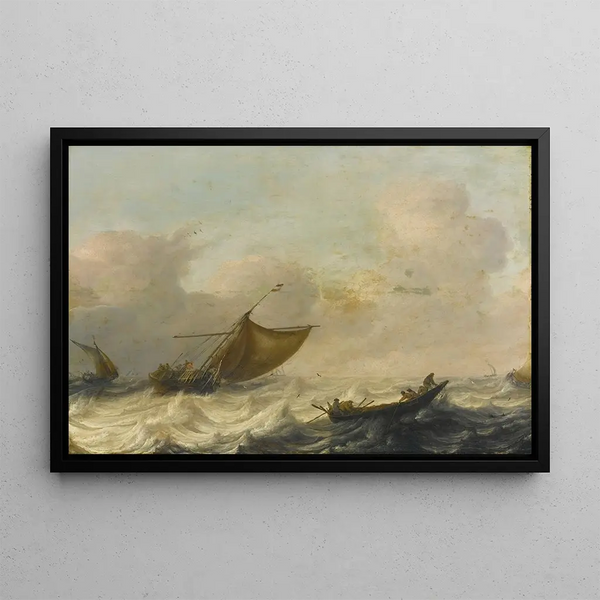 Bateaux de pêche et d'aviron parmi les eaux agitées - Pieter Mulier l'Ancien — framed artwork on a wall