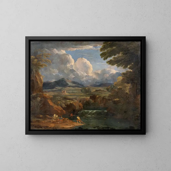Italian landscape painting with river - Pieter Mulier the Elder — framed artwork on a wall