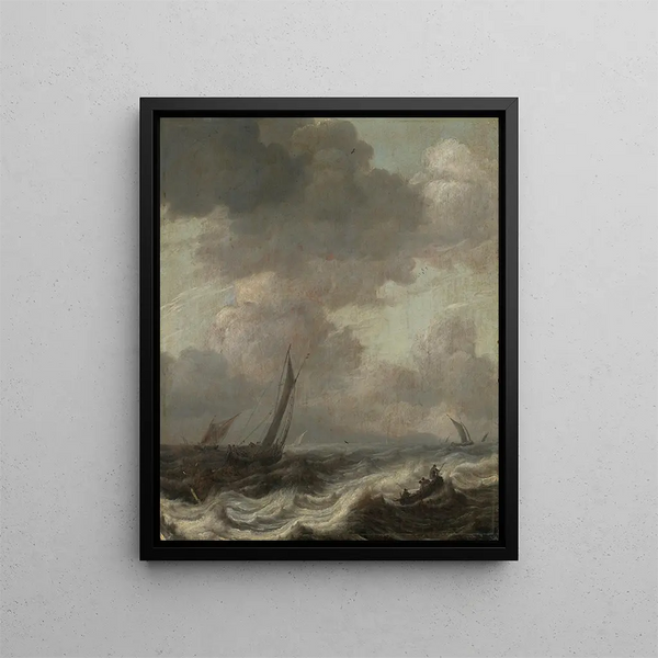 Sailing ships and boats on a turbulent sea - Pieter Mulier the Elder — framed artwork on a wall