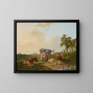 Landscape painting with livestock - Pieter Plas — framed artwork on a wall