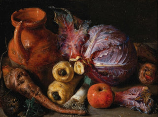 a painting Une cruche, un chou et des carottes sur un rebord - Pieter Snyers — artwork view