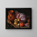 a painting Une cruche, un chou et des carottes sur un rebord - Pieter Snyers — framed artwork on a wall