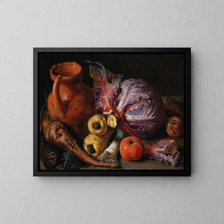 a painting Une cruche, un chou et des carottes sur un rebord - Pieter Snyers — framed artwork on a wall