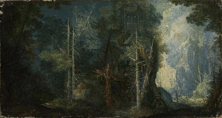 Landscape forest painting with hermitage - Pieter Stevens — artwork view