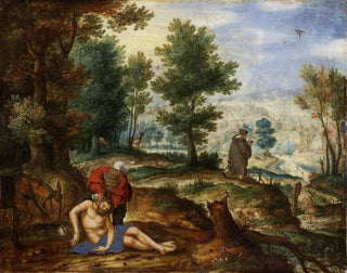 Landscape painting with the Good Samaritan - Circle of Pieter Stevens — artwork view