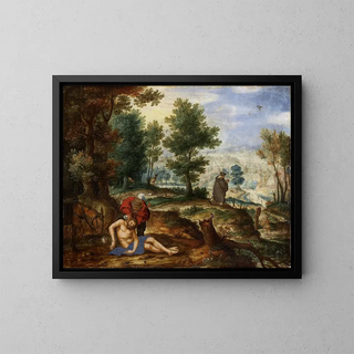 Landscape painting with the Good Samaritan - Circle of Pieter Stevens — framed artwork on a wall