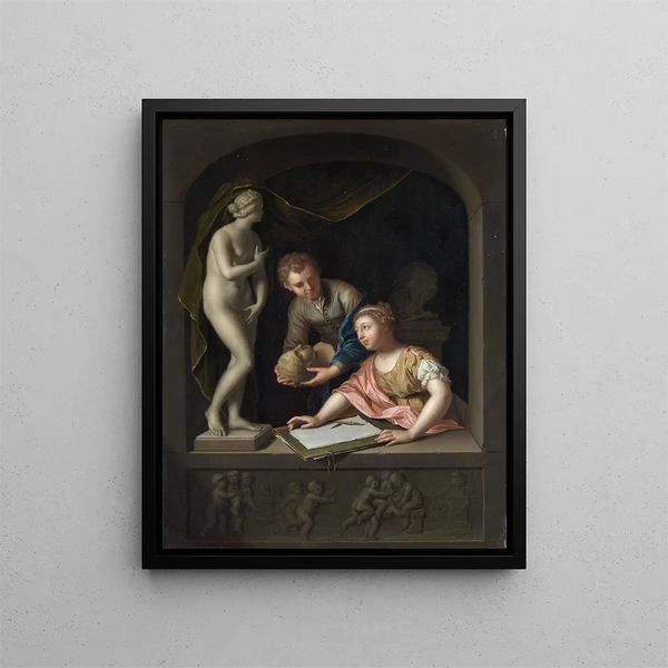 a girl drawing and a boy near a Venus statue - Pieter van der Werff — framed artwork on a wall