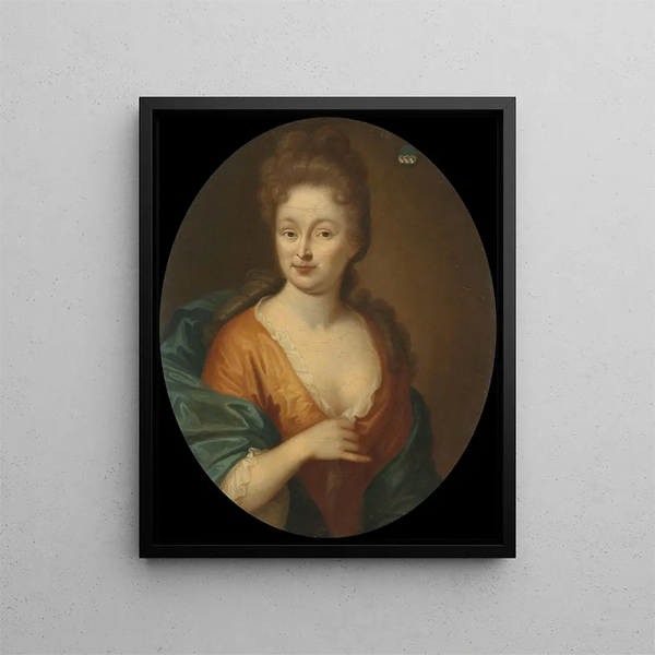 Portrait of a woman, perhaps Elisabeth Hollaer, wife of Theodorus Rijswijk - Pieter van der Werff — framed artwork on a wall
