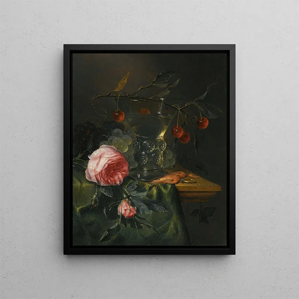 Still life with a cherry blossom branch on a conical Römer half-filled with red and green grapes - Pieter de Ring — framed artwork on a wall