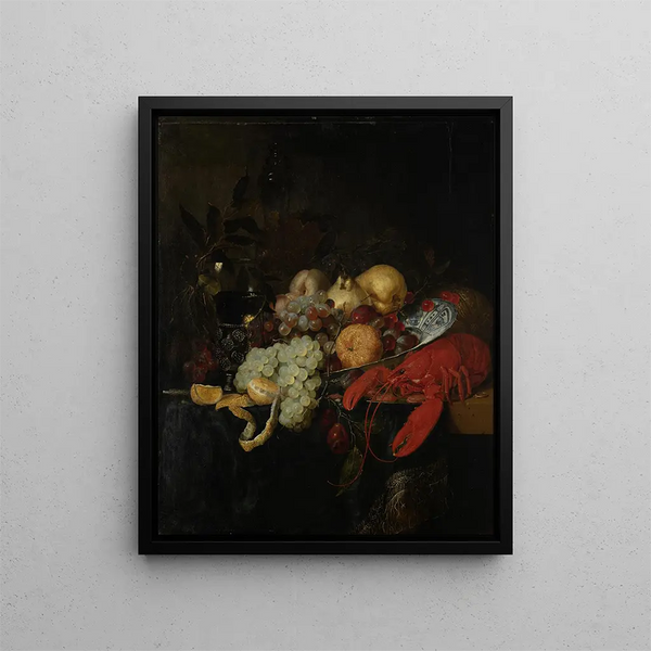 Still life with fruits and lobster - Pieter de Ring — framed artwork on a wall