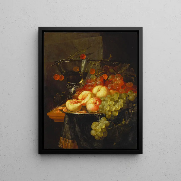 Still life with fruits and a cherry branch on a Berkemeyer glass - Pieter de Ring — framed artwork on a wall