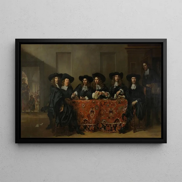 the Six Regents and the House Master of the Oude Zijds Institute for External Aid to the Poor, Amsterdam 1675 - Pieter van Anraedt — framed artwork on a wall