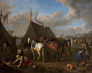 Scene of camp with a woman at the campfire on the left - Pieter van Bloemen — artwork view