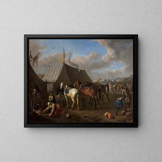 Scene of camp with a woman at the campfire on the left - Pieter van Bloemen — framed artwork on a wall