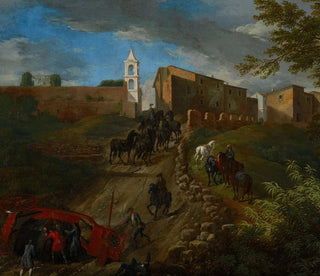 Coaches and travelers at Madonna del Riposo near Rome - Pieter van Bloemen — artwork view