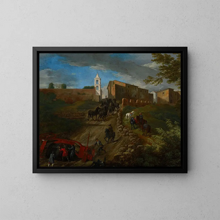 Coaches and travelers at Madonna del Riposo near Rome - Pieter van Bloemen — framed artwork on a wall