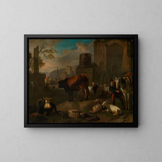 Horses, cattle, sheep and goats among Roman ruins - Pieter van Bloemen — framed artwork on a wall