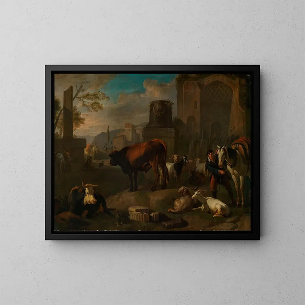 Horses, cattle, sheep and goats among Roman ruins - Pieter van Bloemen — framed artwork on a wall