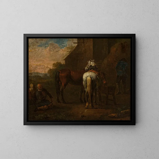 horses in front of a tavern - Pieter van Bloemen — framed artwork on a wall