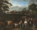 Landscape painting with peasants, soldiers, and livestock - Pieter van Bloemen — artwork view