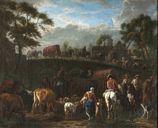 Landscape painting with peasants, soldiers, and livestock - Pieter van Bloemen — artwork view