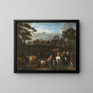 Landscape painting with peasants, soldiers, and livestock - Pieter van Bloemen — framed artwork on a wall