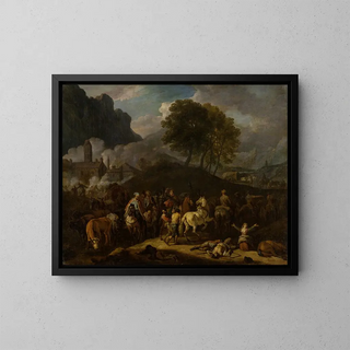 Departure of soldiers after the looting - Pieter van Bloemen — framed artwork on a wall