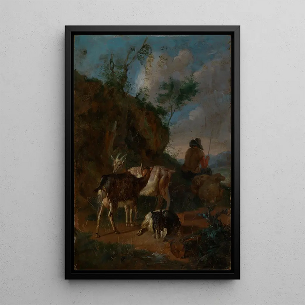 Three goats and shepherd with sheep - Pieter van Bloemen — framed artwork on a wall