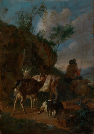 Pieter van Bloemen - Three goats and shepherd with sheep.webp