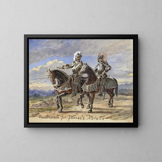 Two knights on horseback in a landscape - Pieter van Loon — framed artwork on a wall