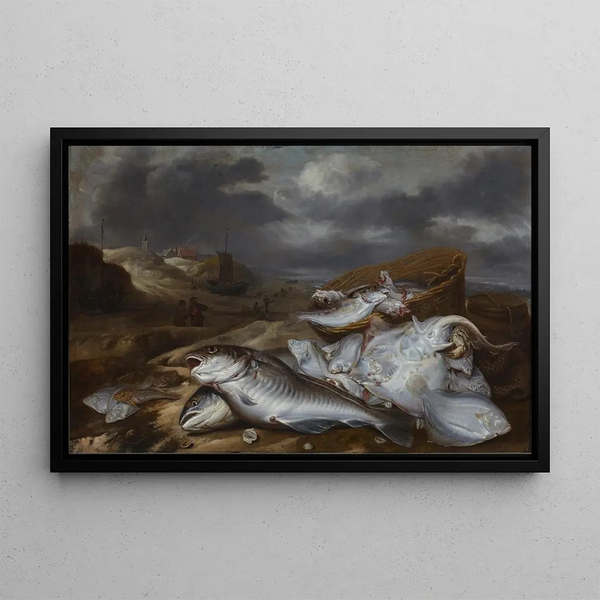 Fish Still Life with View of Egmond - Pieter van Schaeyenborgh — framed artwork on a wall
