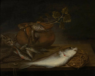 Still life with Fish, Birds, and a Cat - Pieter van Schaeyenborgh — artwork view