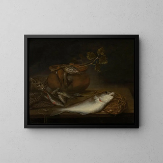 Still life with Fish, Birds, and a Cat - Pieter van Schaeyenborgh — framed artwork on a wall