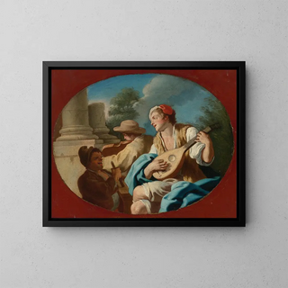 a young man playing the lute with others playing the violin and rommelpot - Pietro Bardellino — framed artwork on a wall