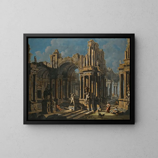 an architectural caprice with a Hercules statue and figures in classical costume - Pietro Capelli — framed artwork on a wall
