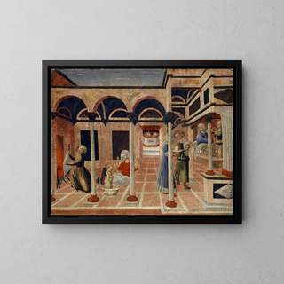The miracle at the birth of Saint Nicholas - Pietro di Giovanni d'Ambrogio — framed artwork on a wall