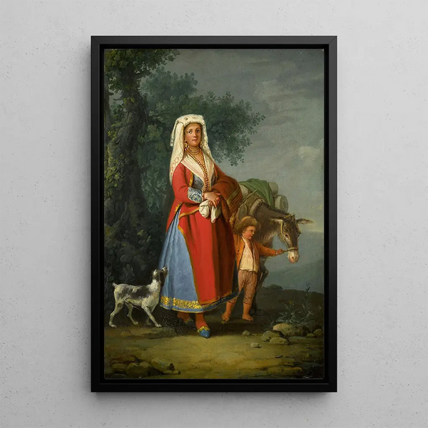 Young girl in traditional Neapolitan costume in a landscape with a young boy and a donkey - Pietro Fabris — framed artwork on a wall