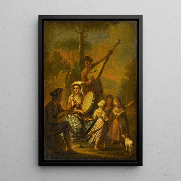 Figures dancing and playing music in the countryside - Pietro Fabris — framed artwork on a wall