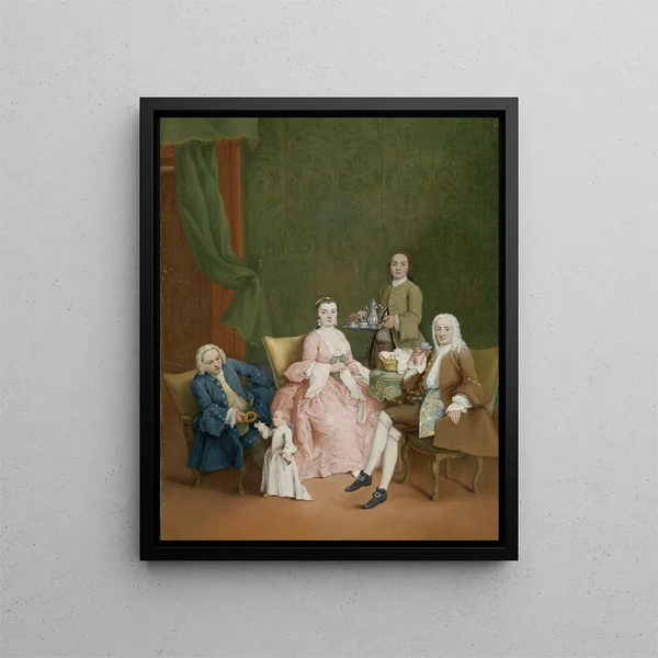 Portrait of a Venetian family with a servant serving coffee - Pietro Longhi — framed artwork on a wall