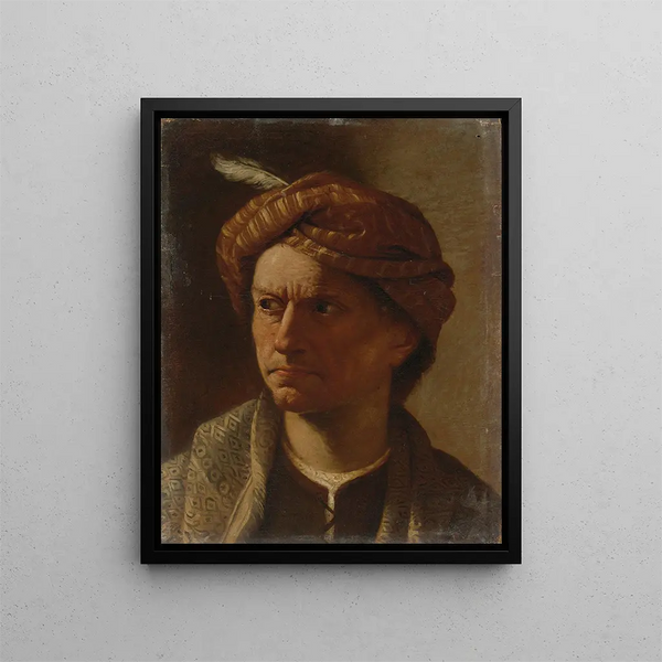 Portrait of a man head and shoulders wearing a turban - Pietro Paolini — framed artwork on a wall