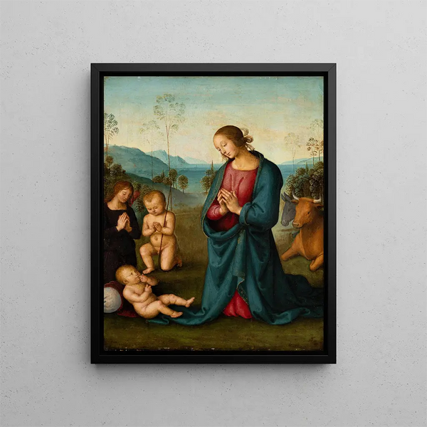 The Madonna and Child, Saint John, and an Angel Adoring the Infant Jesus - Pietro Perugino — framed artwork on a wall