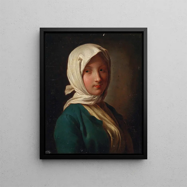 a girl with a blue jacket and a white scarf - Pietro Rotari — framed artwork on a wall
