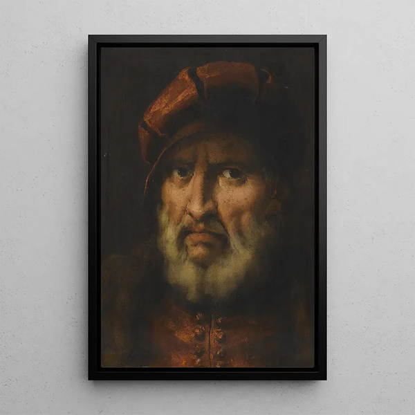 Tête d'un homme barbu portant un bonnet rouge et une chemise rouge - Pietro della Vecchia — framed artwork on a wall