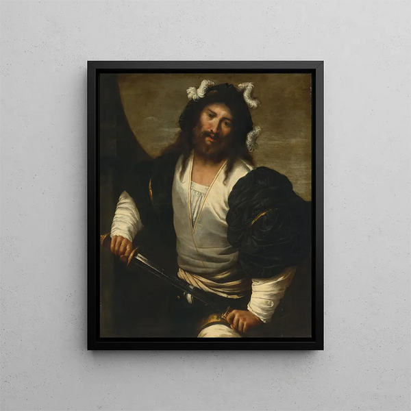 a man drawing a sword - Pietro della Vecchia — framed artwork on a wall