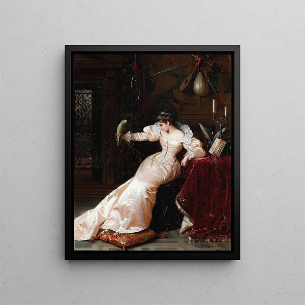 Lady with Parrot - Pio Ricci — framed artwork on a wall