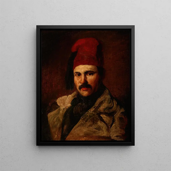 Portrait of Maksymilian Oborski wearing a fez - Piotr Michałowski — framed artwork on a wall