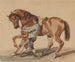 Stable hand with a chestnut horse - Piotr Michałowski — artwork view