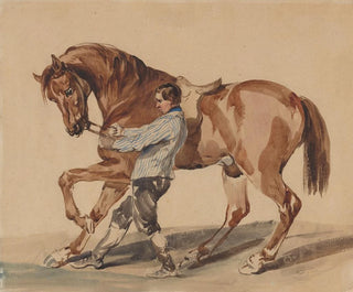 Stable hand with a chestnut horse - Piotr Michałowski — artwork view